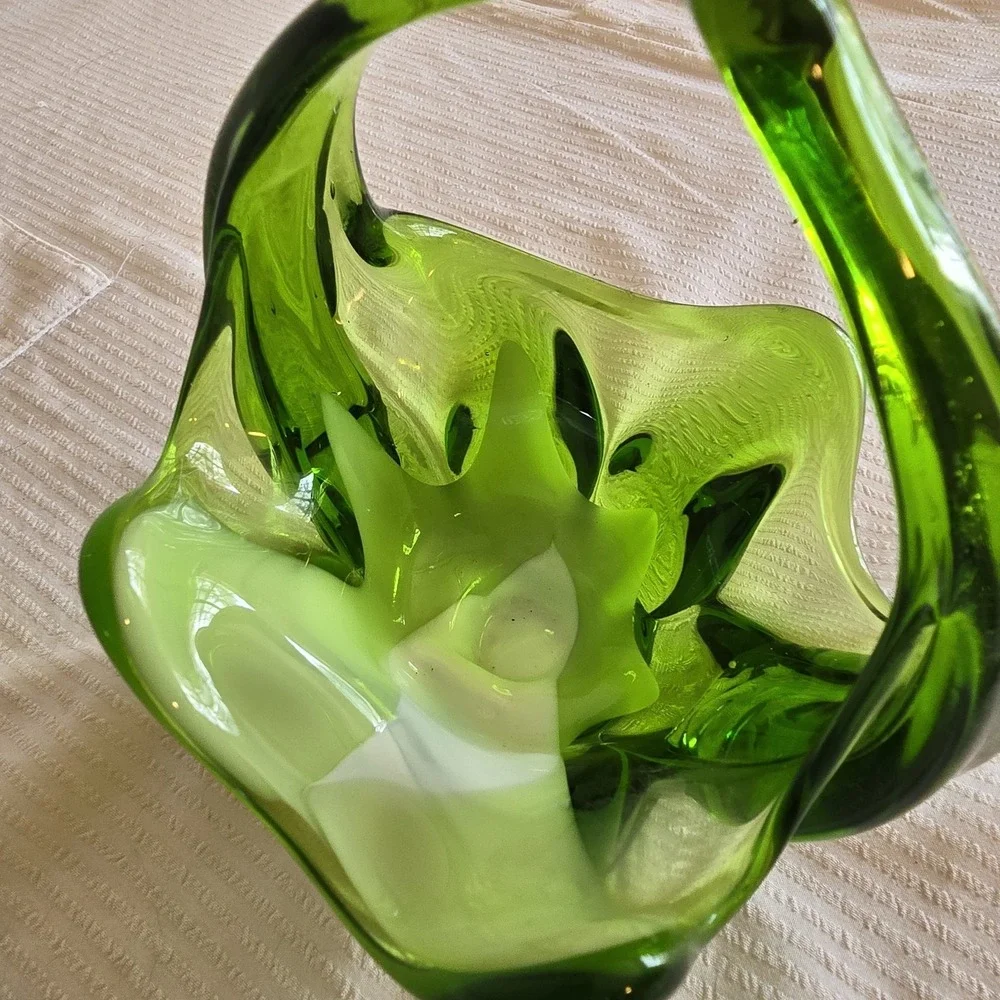MCM 1960 Emerald Green and White Handblown Glass Basket Candy Dish Bohemian Form